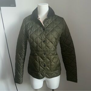 Barbour Reversible Quilted Jacket Olive & Blush Tartan Trim US (4) UK (8) Small